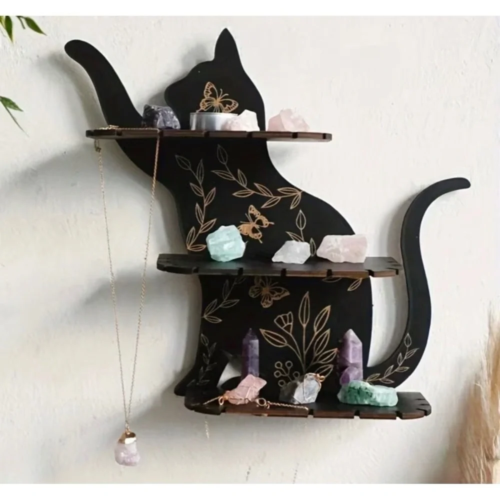 Black Cat Silhouette Wall Shelf Home Decor Black Crystal Display New